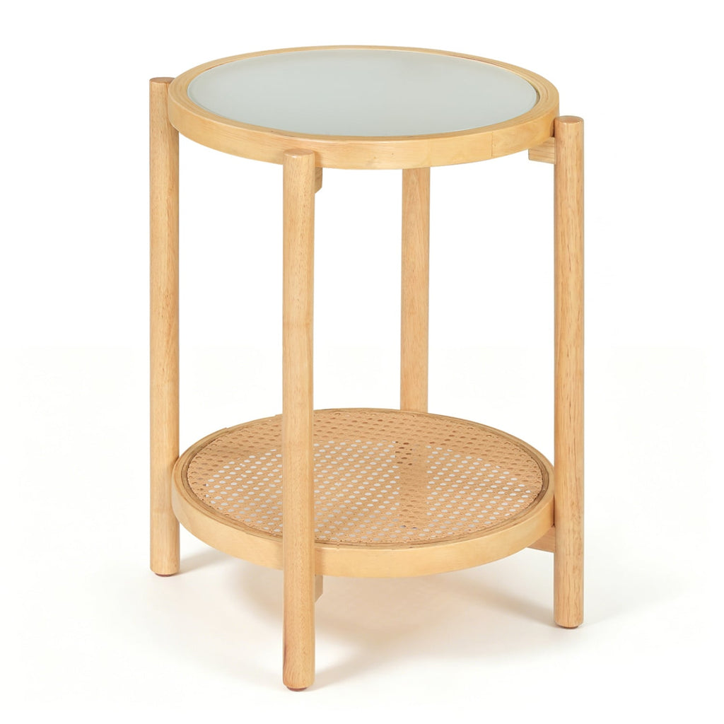Round Side Table 2-Tier Boho End Table with Tempered Glass Top-Natural