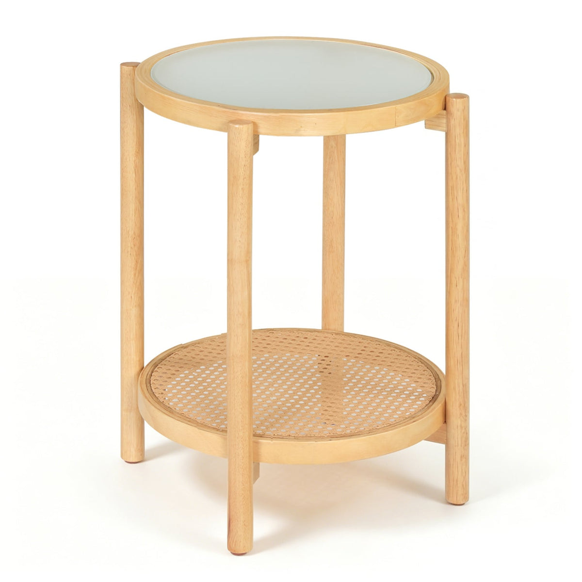 Round Side Table 2-Tier Boho End Table with Tempered Glass Top-Natural