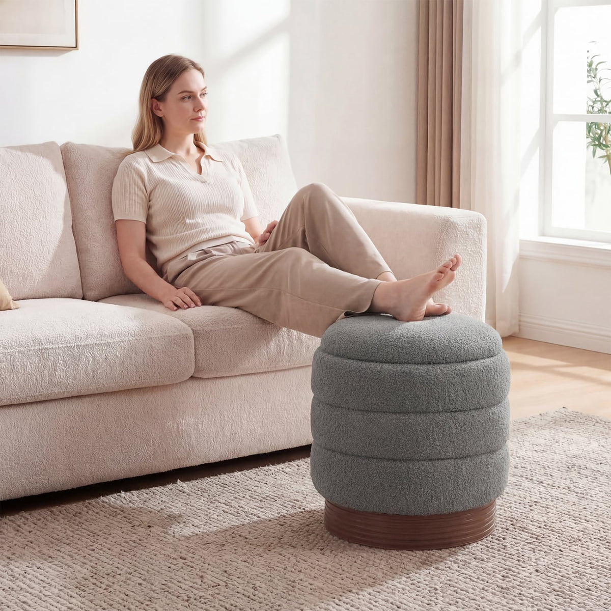 Round Storage Ottoman with Acacia Wood Frame for Living Room-Gray