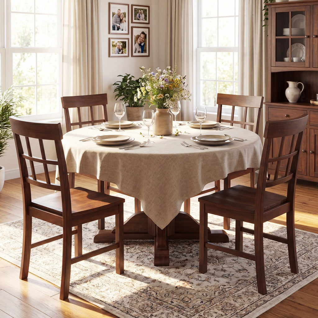 Set of 4 Window Pane Back Dining Chairs, Brown Rubber Wood with Recessed Wooden Seats