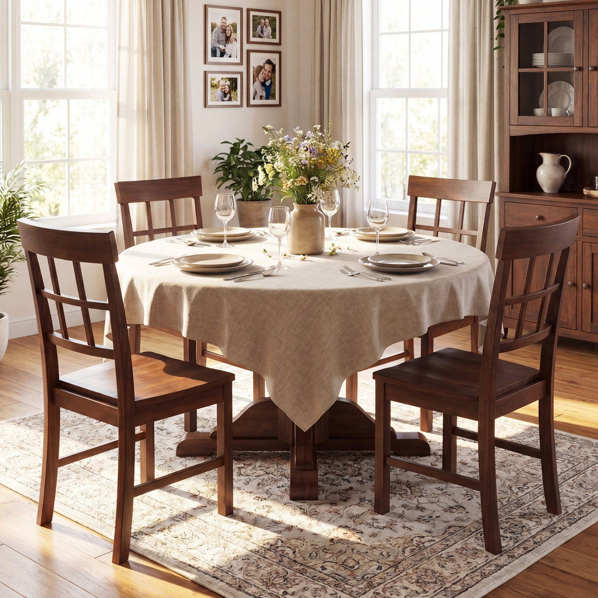 Set of 4 Window Pane Back Dining Chairs, Brown Rubber Wood with Recessed Wooden Seats