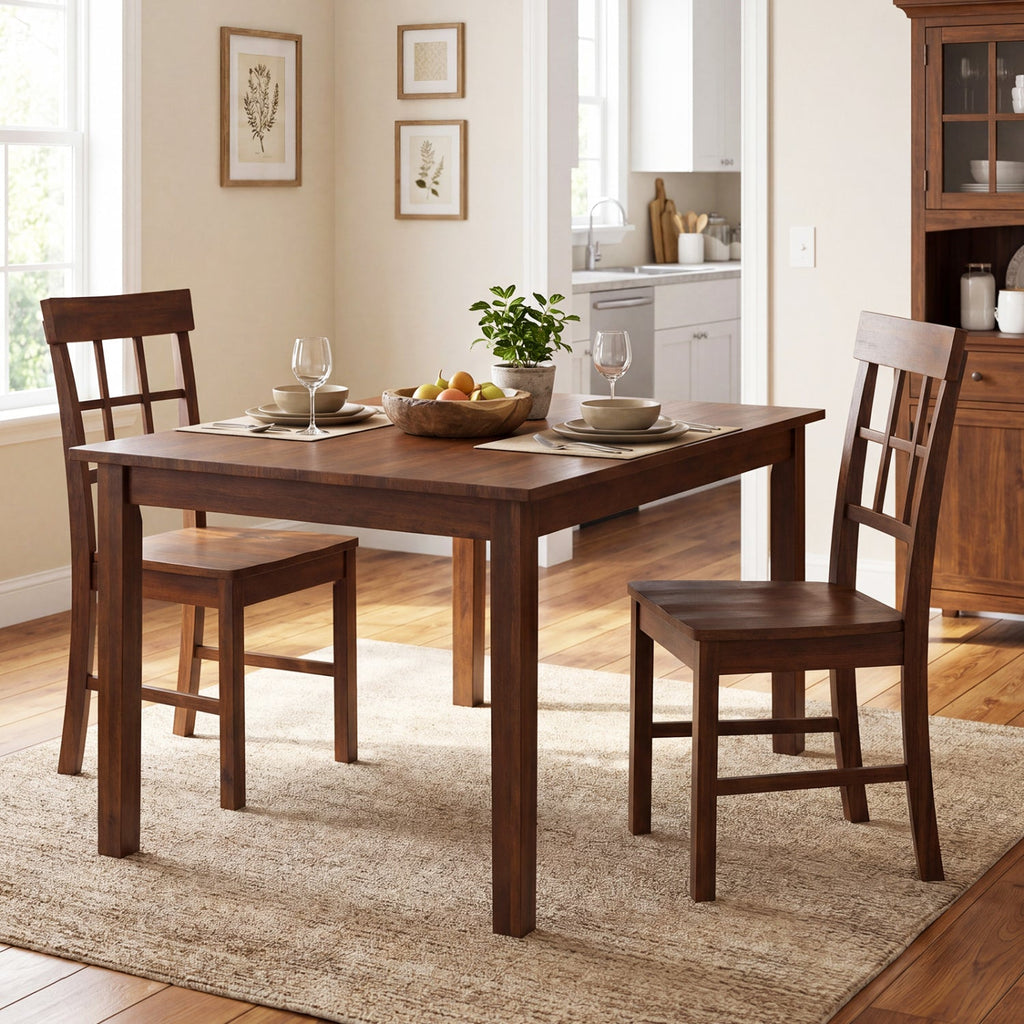 Set of 4 Window Pane Back Dining Chairs, Brown Rubber Wood with Recessed Wooden Seats