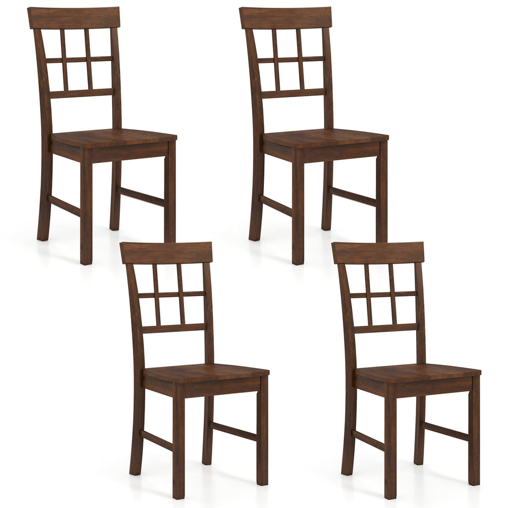 Set of 4 Window Pane Back Dining Chairs, Brown Rubber Wood with Recessed Wooden Seats