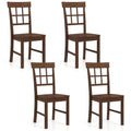 Set of 4 Window Pane Back Dining Chairs, Brown Rubber Wood with Recessed Wooden Seats