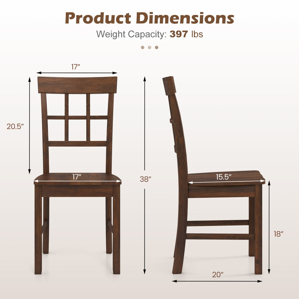 Set of 4 Window Pane Back Dining Chairs, Brown Rubber Wood with Recessed Wooden Seats