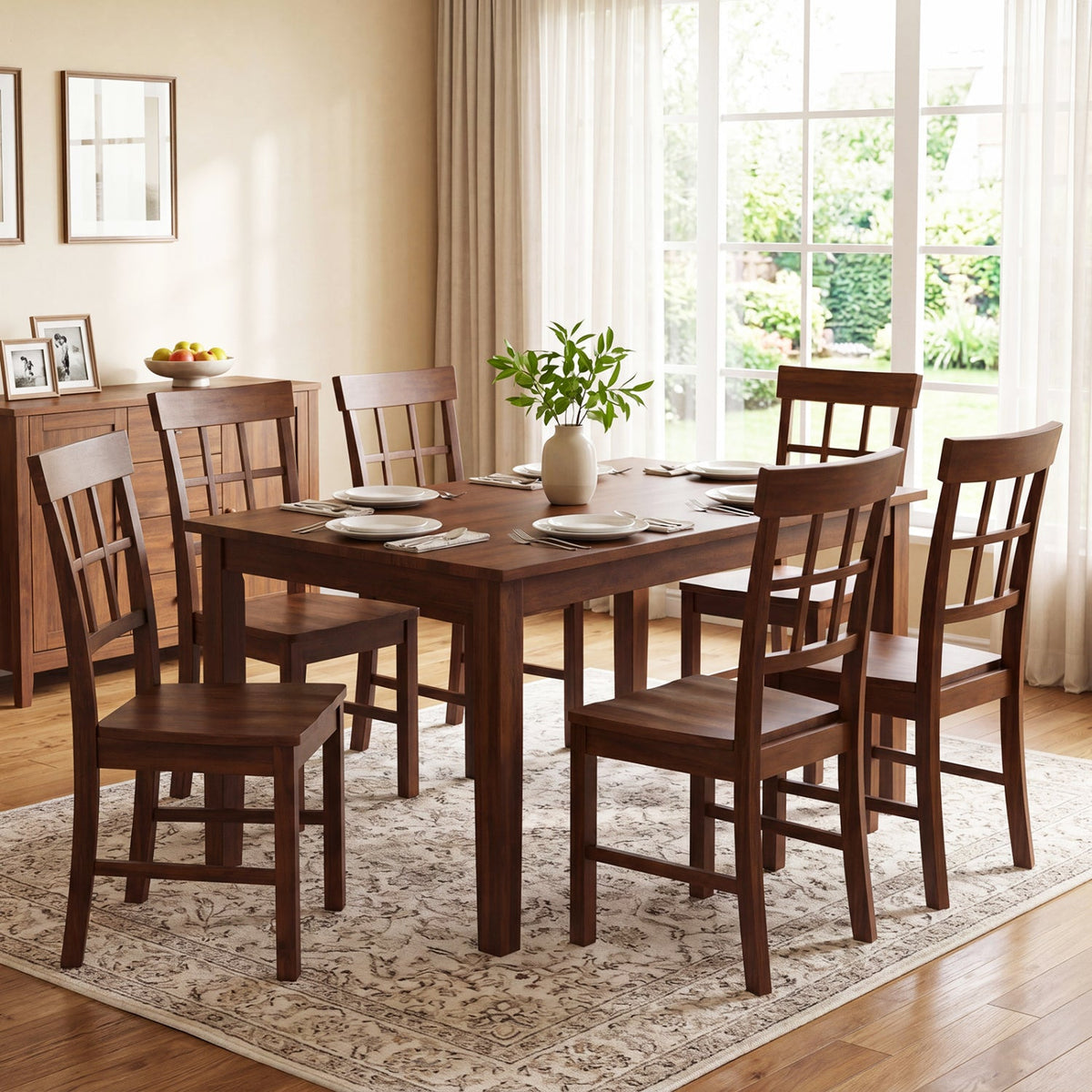 Set of 4 Window Pane Back Dining Chairs, Brown Rubber Wood with Recessed Wooden Seats