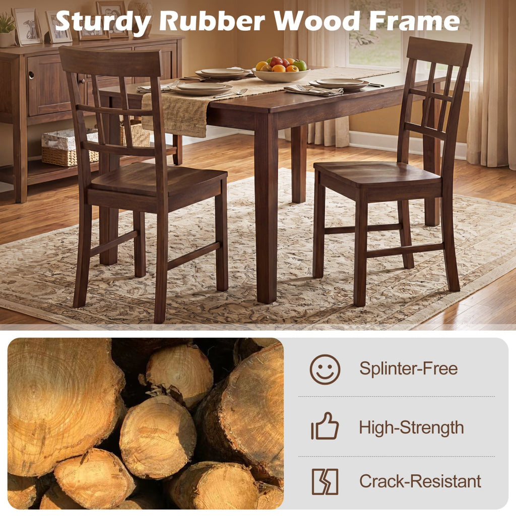 Set of 4 Window Pane Back Dining Chairs, Brown Rubber Wood with Recessed Wooden Seats