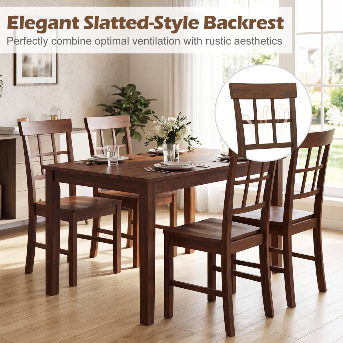 Set of 4 Window Pane Back Dining Chairs, Brown Rubber Wood with Recessed Wooden Seats