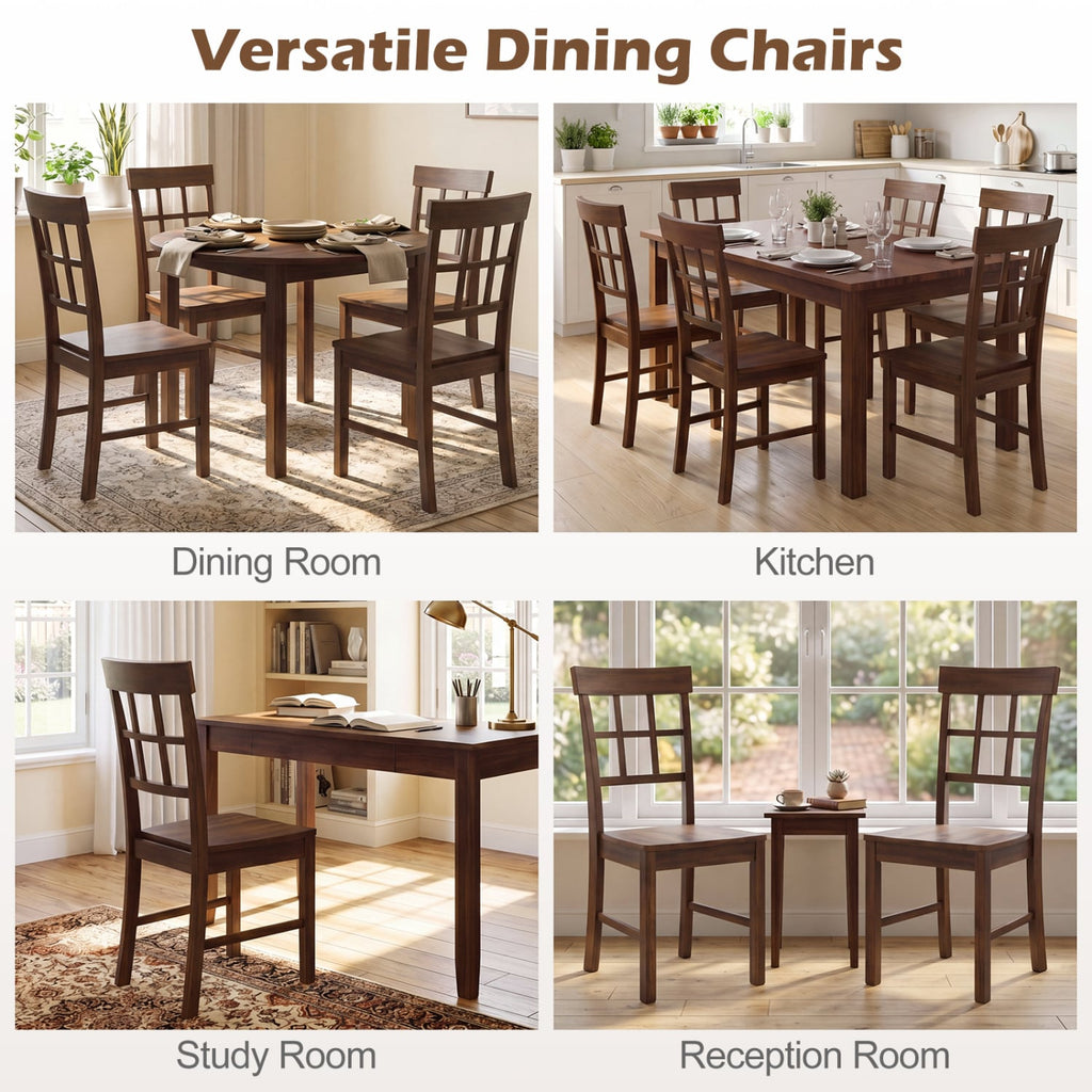 Set of 4 Window Pane Back Dining Chairs, Brown Rubber Wood with Recessed Wooden Seats