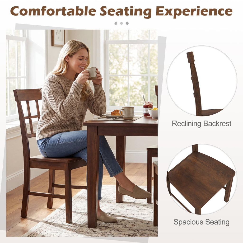 Set of 4 Window Pane Back Dining Chairs, Brown Rubber Wood with Recessed Wooden Seats