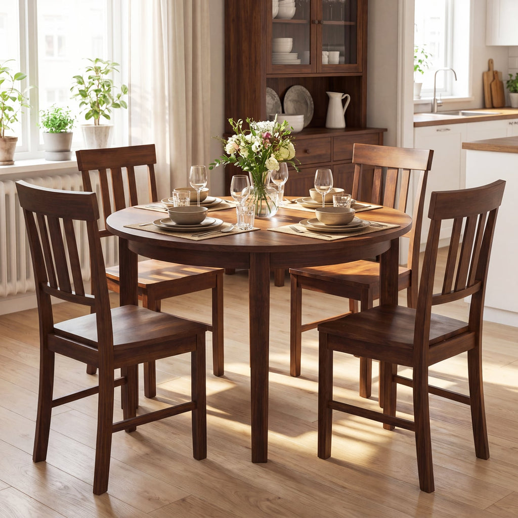 Set of 4 High Slat Back Dining Chairs, Brown Rubber Wood with Recessed Wooden Seats