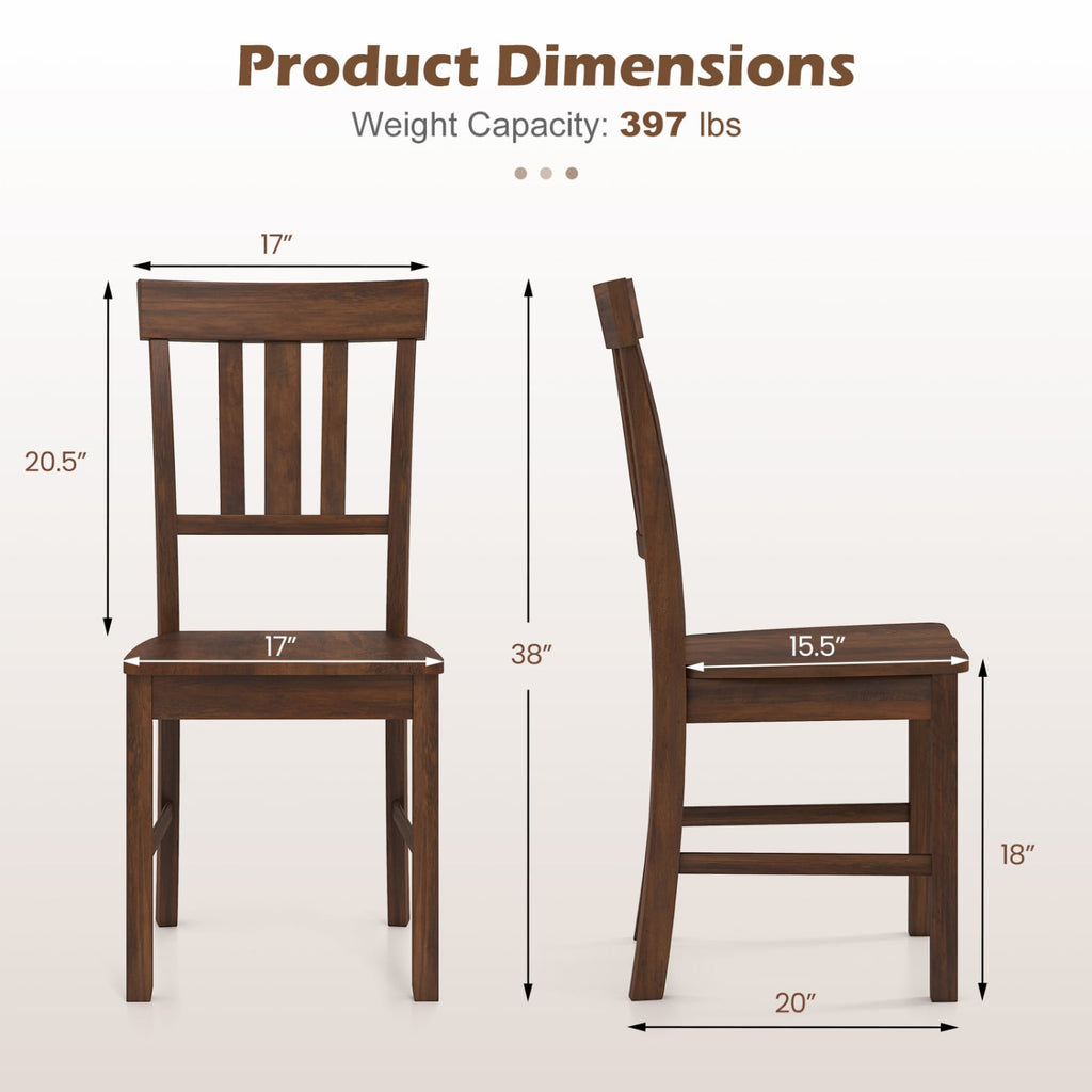 Set of 4 High Slat Back Dining Chairs, Brown Rubber Wood with Recessed Wooden Seats