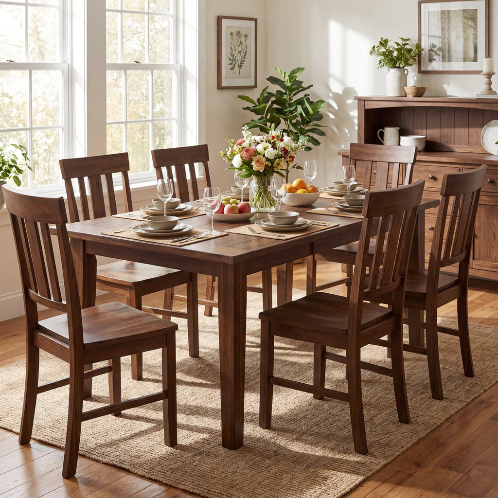 Set of 4 High Slat Back Dining Chairs, Brown Rubber Wood with Recessed Wooden Seats