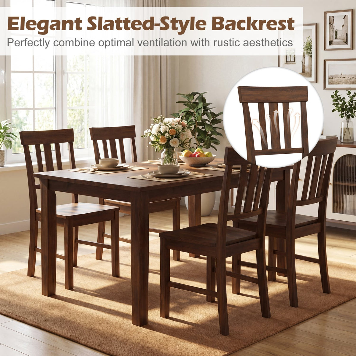 Set of 4 High Slat Back Dining Chairs, Brown Rubber Wood with Recessed Wooden Seats