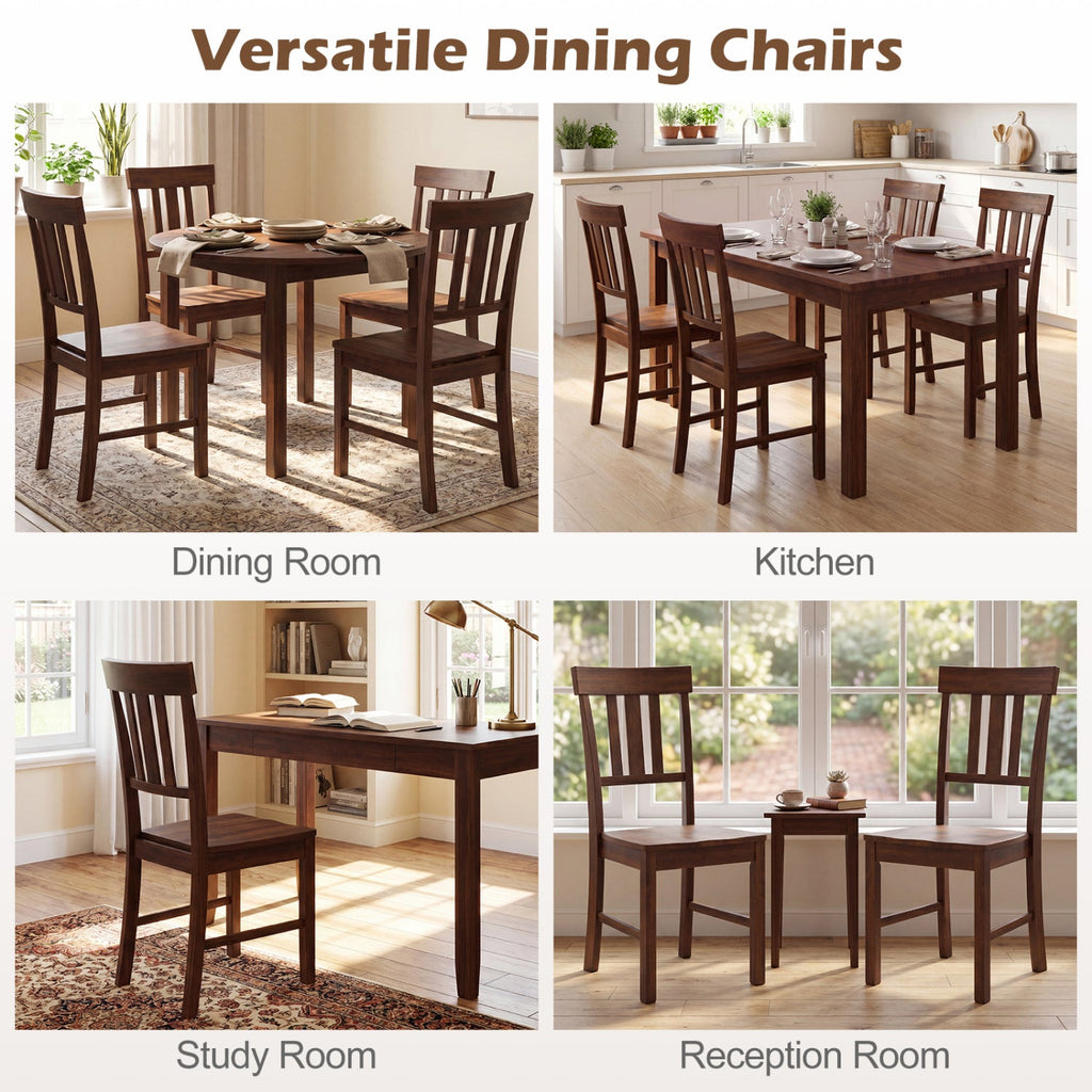 Set of 4 High Slat Back Dining Chairs, Brown Rubber Wood with Recessed Wooden Seats