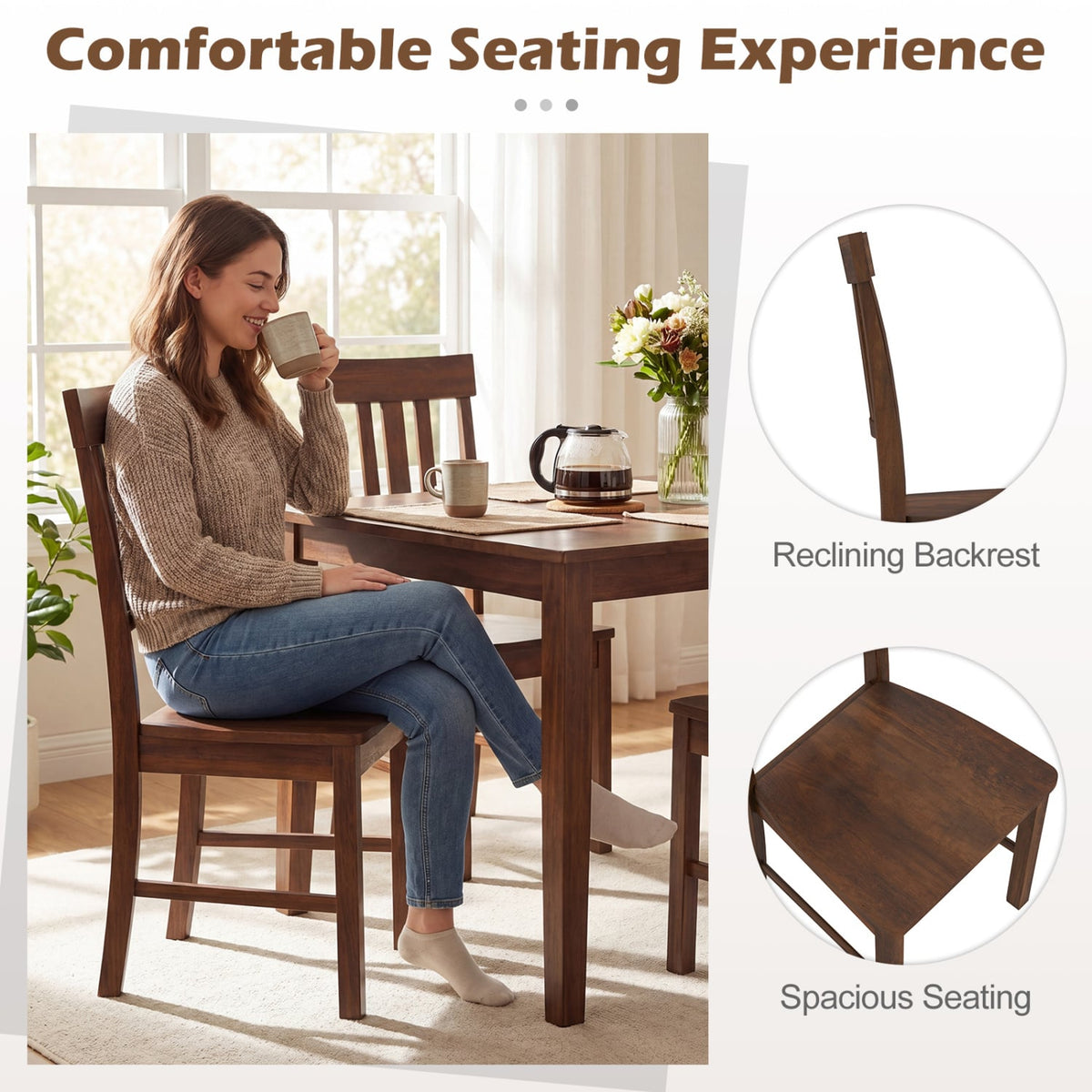 Set of 4 High Slat Back Dining Chairs, Brown Rubber Wood with Recessed Wooden Seats