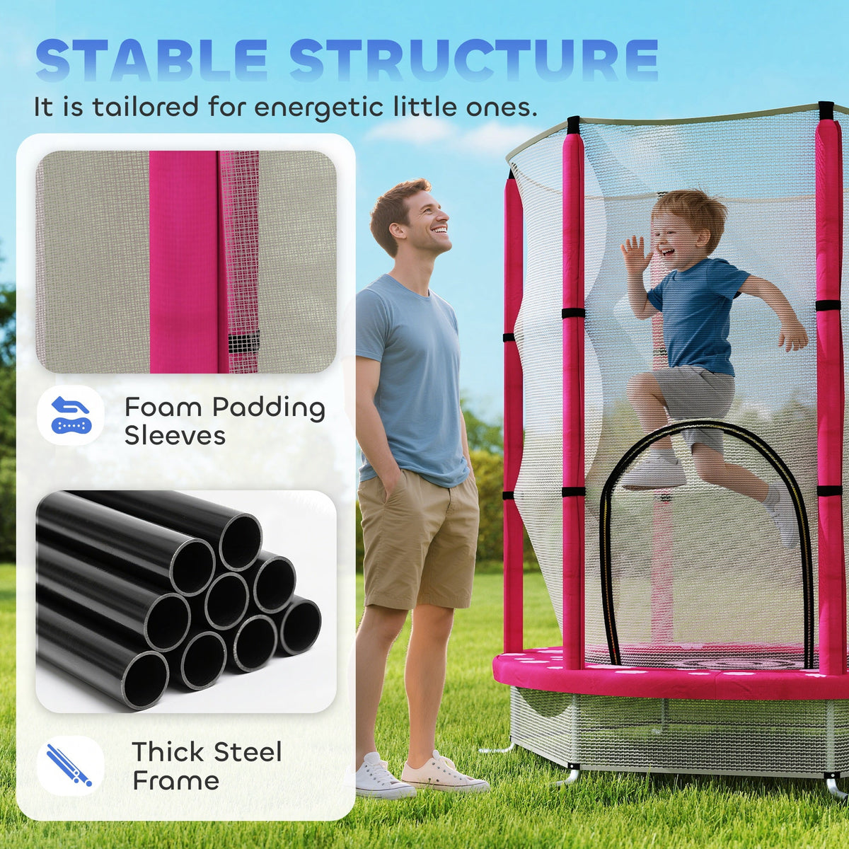 55" Toddler Trampoline with Safety Enclosure Net, for Indoor Outdoor Use, Ages 3-6 Years, Pink
