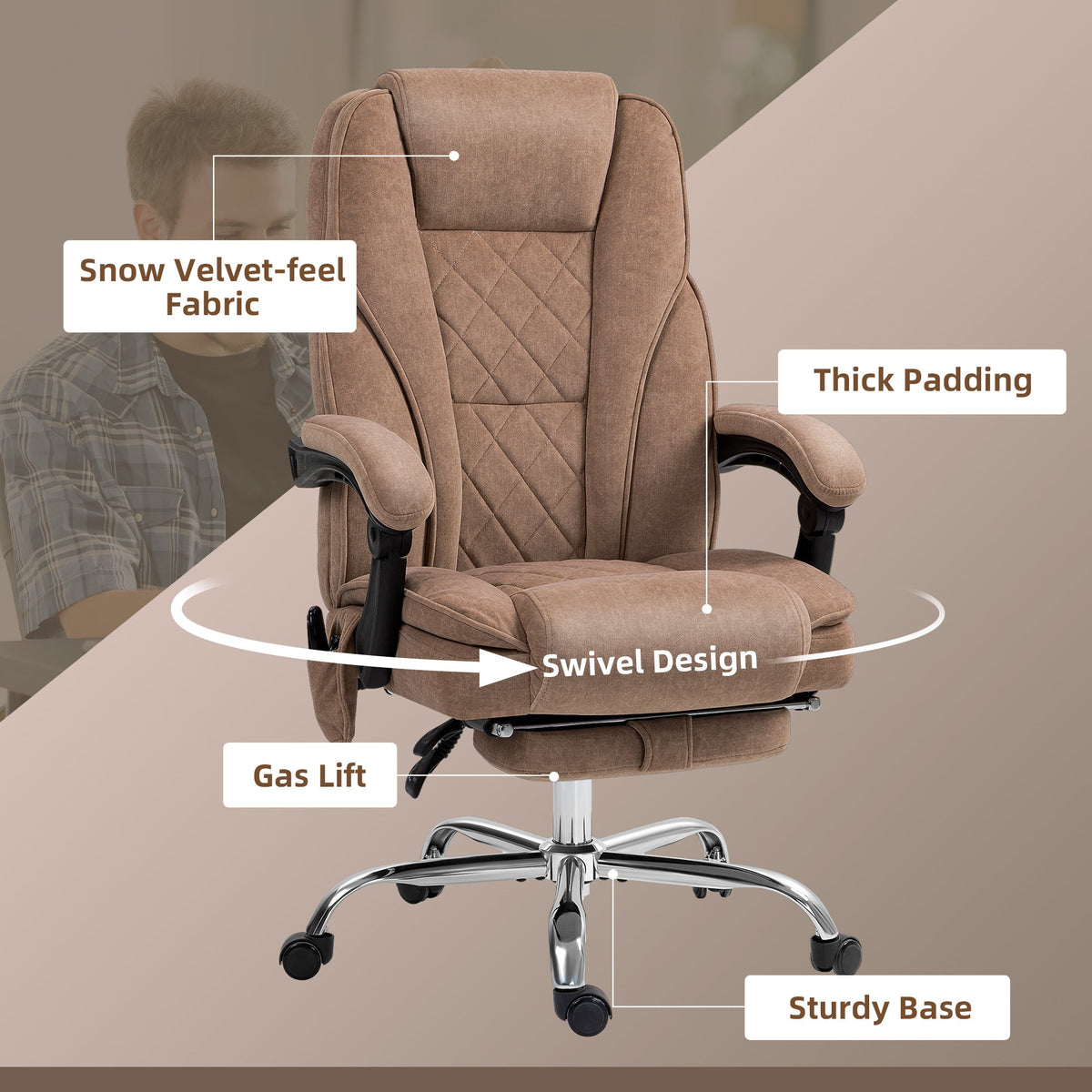 Massage Office Chair, Reclining Computer Chair with Adjustable Height and Footrest, Brown