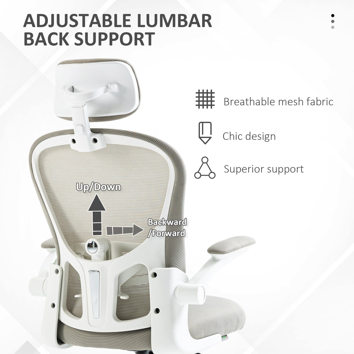Office Chair, Mesh Computer Desk Chair with Adjustable Headrest, 4D Lumbar Support, Flip-up Arm, Grey