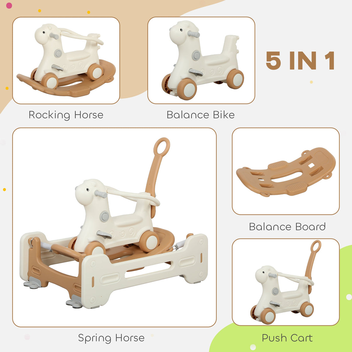 5 in 1 Rocking Horse for Toddlers 1-6 Years with Balance Board, Push Handle, 4 Smooth Wheels, Brown