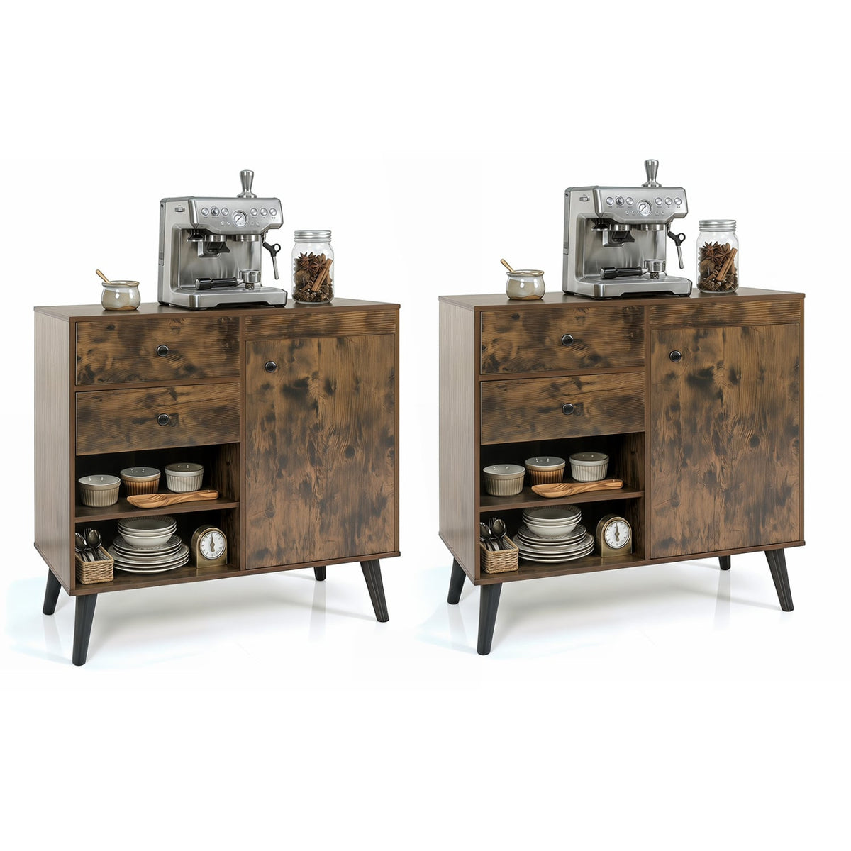 Set of 2 31 inches Buffet Cabinet with 2 Drawers and Open Compartments for Kitchen-Rustic Brown