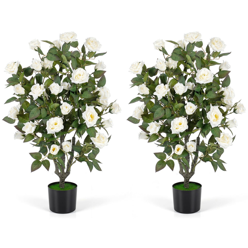 Set of 2 Artificial Rose Tree with Blooming Flowers and Green Leaves for Indoor-White