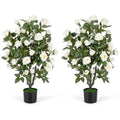 Set of 2 Artificial Rose Tree with Blooming Flowers and Green Leaves for Indoor-White