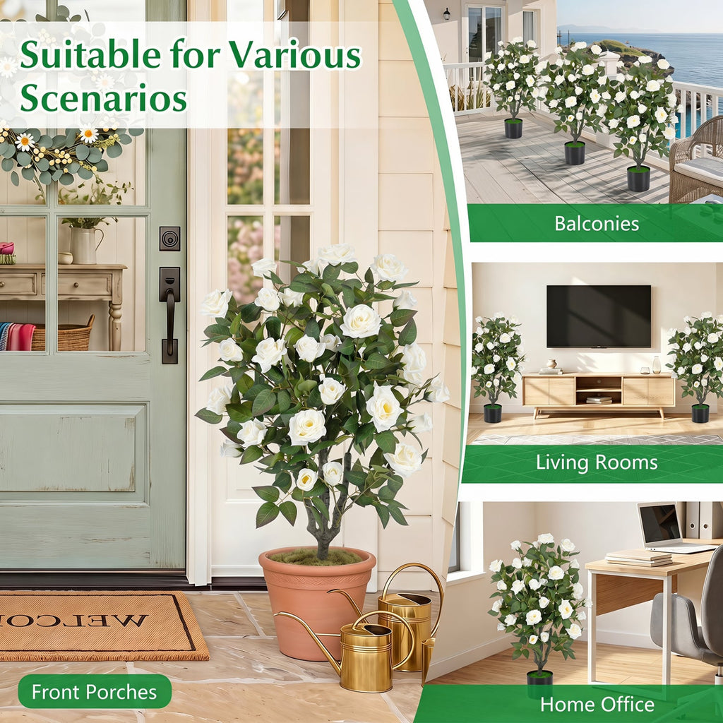 Set of 2 Artificial Rose Tree with Blooming Flowers and Green Leaves for Indoor-White