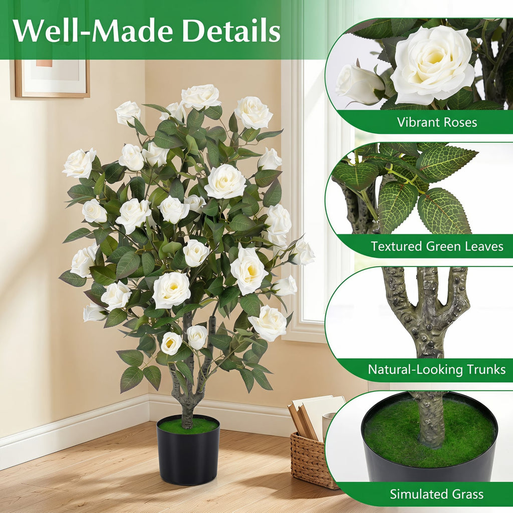 Set of 2 Artificial Rose Tree with Blooming Flowers and Green Leaves for Indoor-White