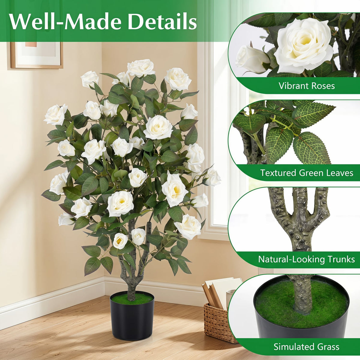 Set of 2 Artificial Rose Tree with Blooming Flowers and Green Leaves for Indoor-White
