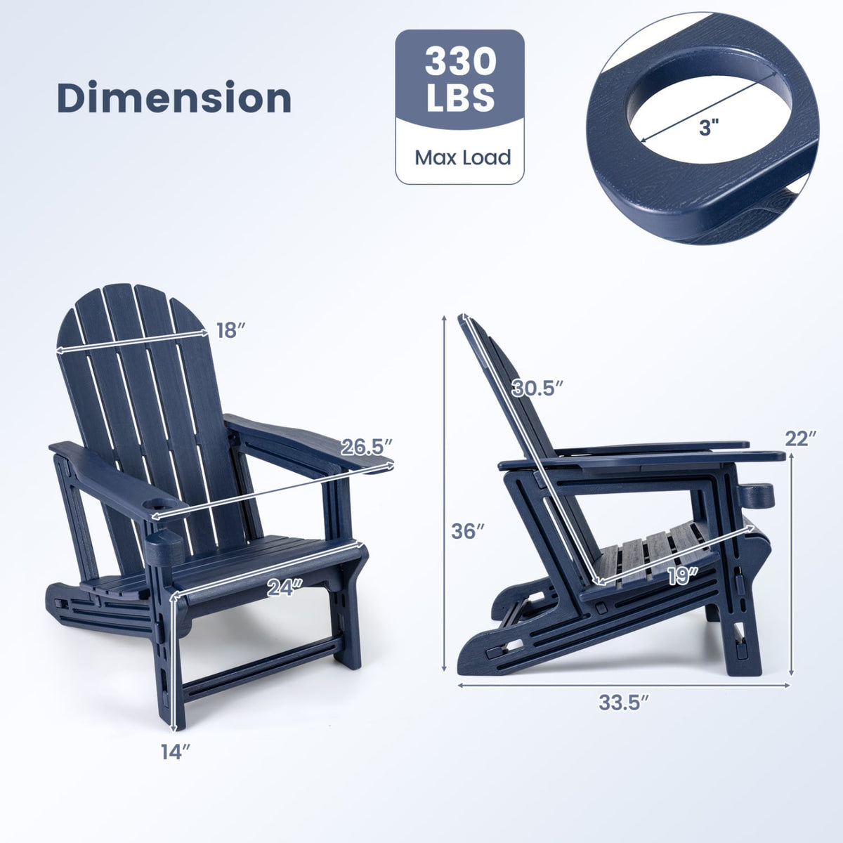 Set of 2 HDPE Adirondack Chair with Cup Holder and Wooden Texture for Patio-Blue