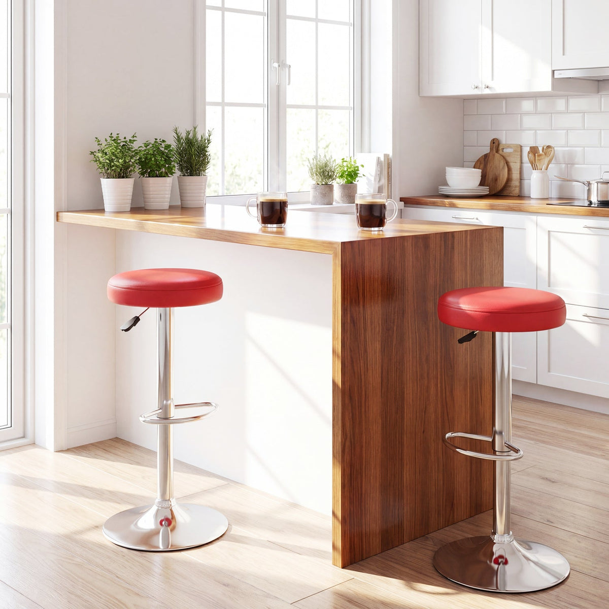 Set of 2 Backless Gas Lift Bar Stools in Red with Chrome Base, 25.5 to 33.5 Inch Seat