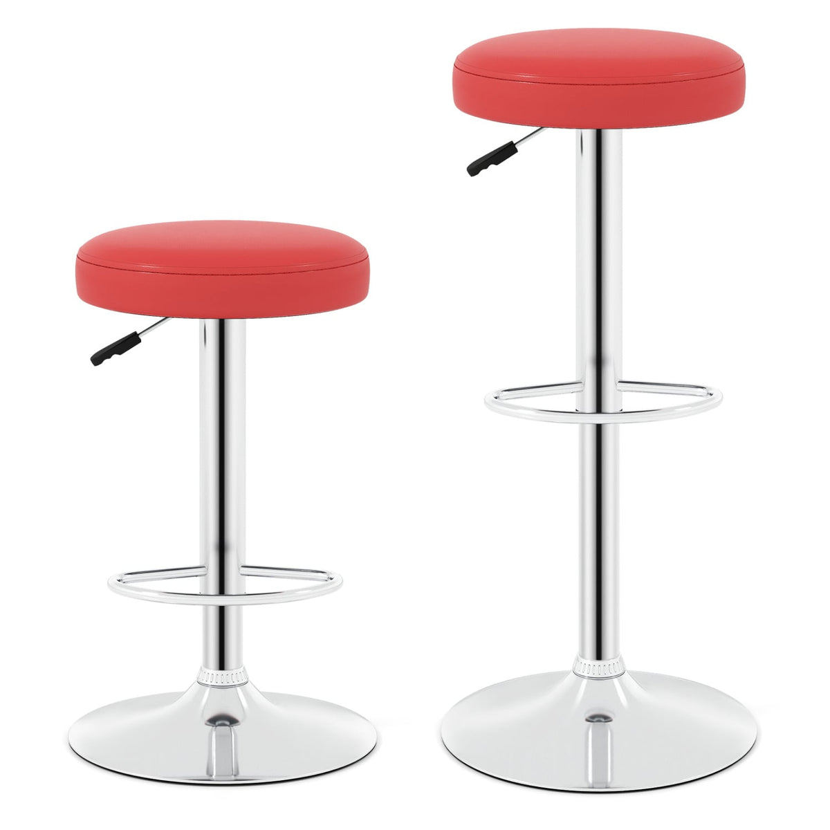 Set of 2 Backless Gas Lift Bar Stools in Red with Chrome Base, 25.5 to 33.5 Inch Seat