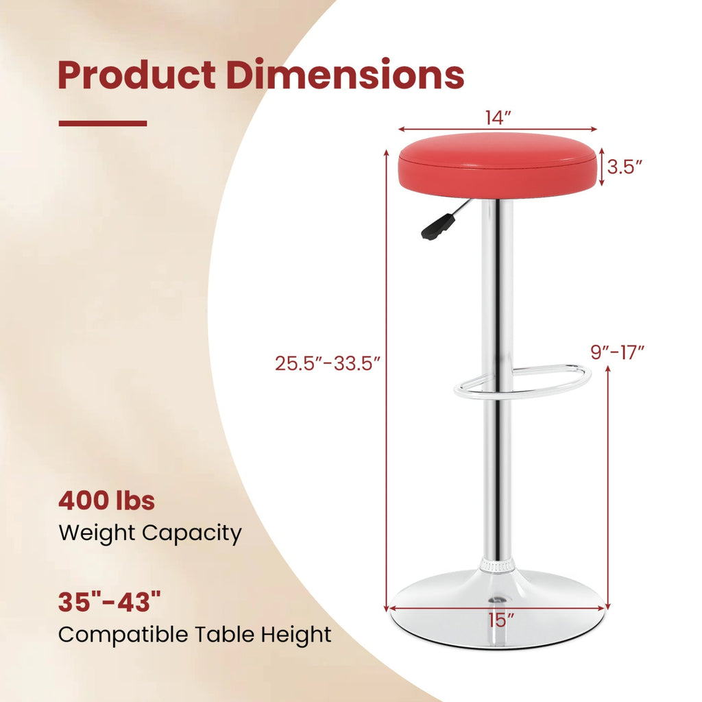 Set of 2 Backless Gas Lift Bar Stools in Red with Chrome Base, 25.5 to 33.5 Inch Seat