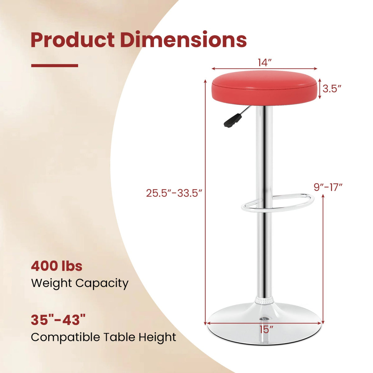 Set of 2 Backless Gas Lift Bar Stools in Red with Chrome Base, 25.5 to 33.5 Inch Seat