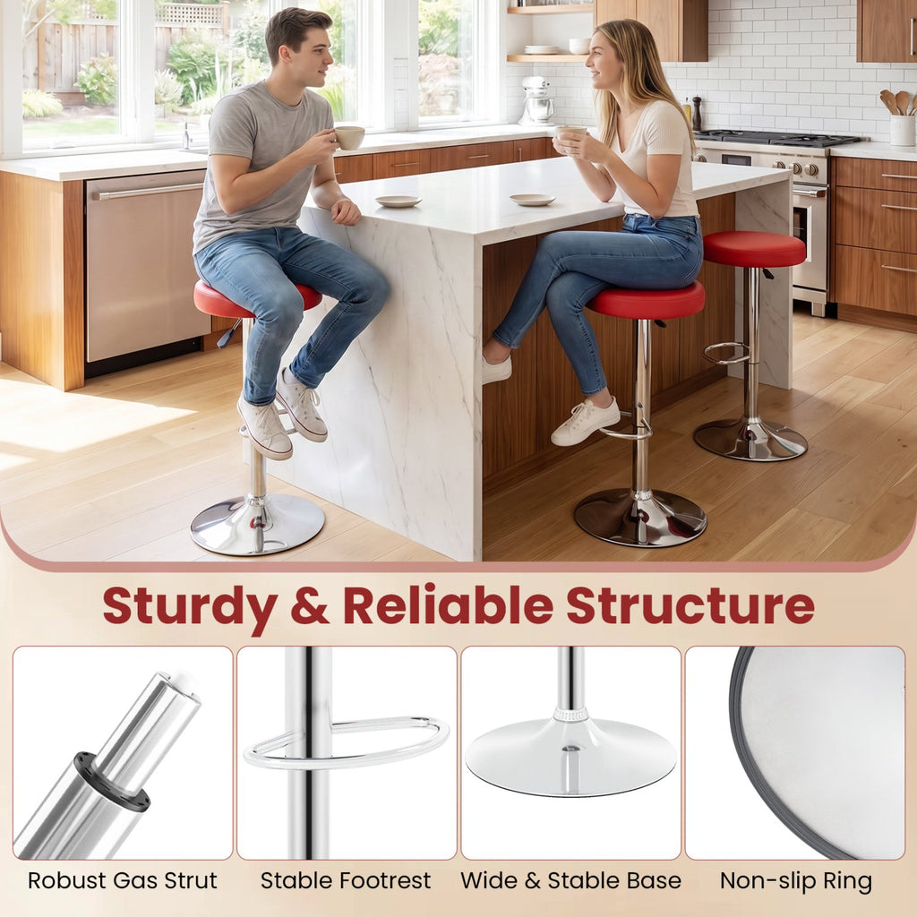 Set of 2 Backless Gas Lift Bar Stools in Red with Chrome Base, 25.5 to 33.5 Inch Seat