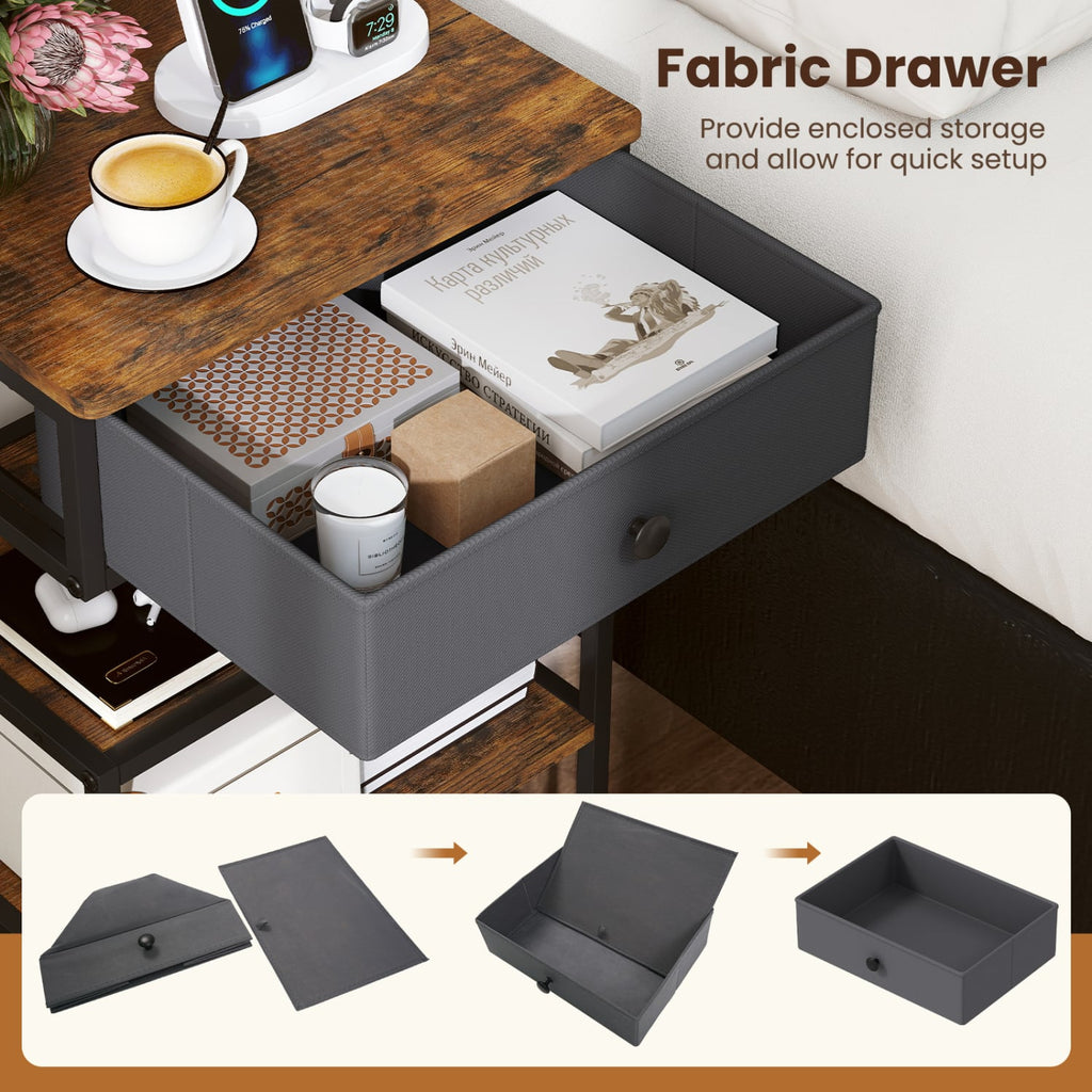 Set of 2 Nightstand with Charging Station 28 Inch Tall Bedside Table with Fabric Drawer-Rustic Brown
