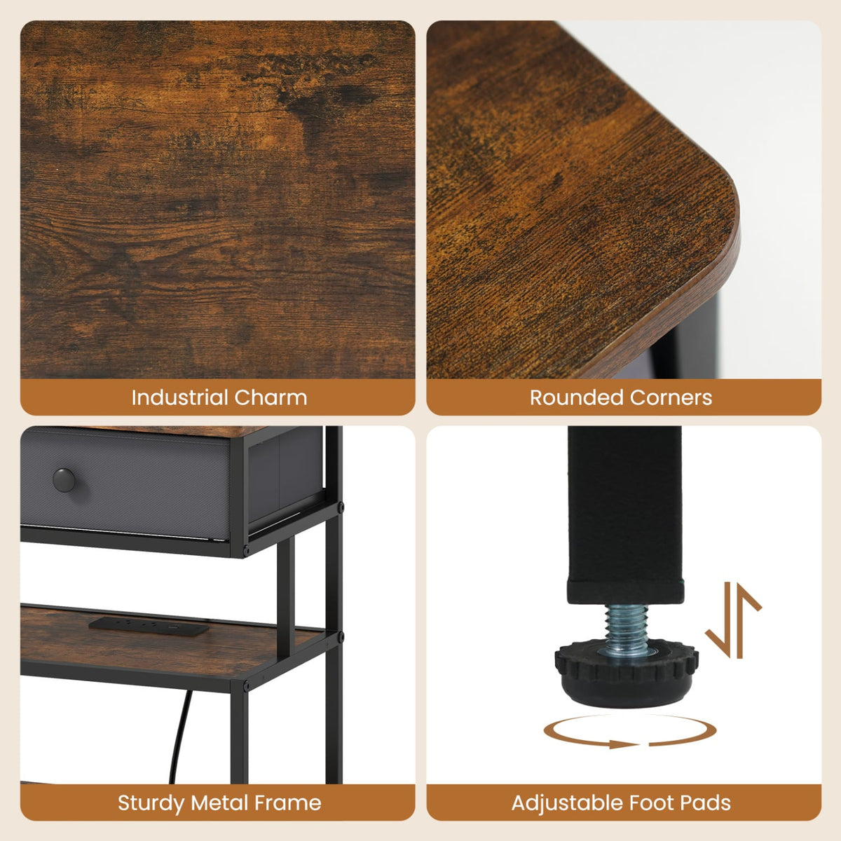 Set of 2 Nightstand with Charging Station 28 Inch Tall Bedside Table with Fabric Drawer-Rustic Brown