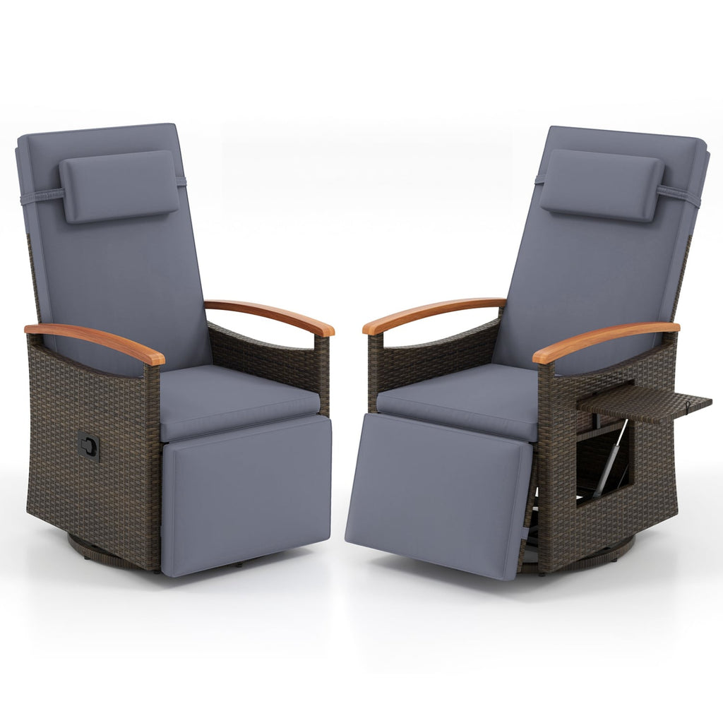 Set of 2 Wicker Swivel Recliners with Footrests and Headrests, Dark Gray