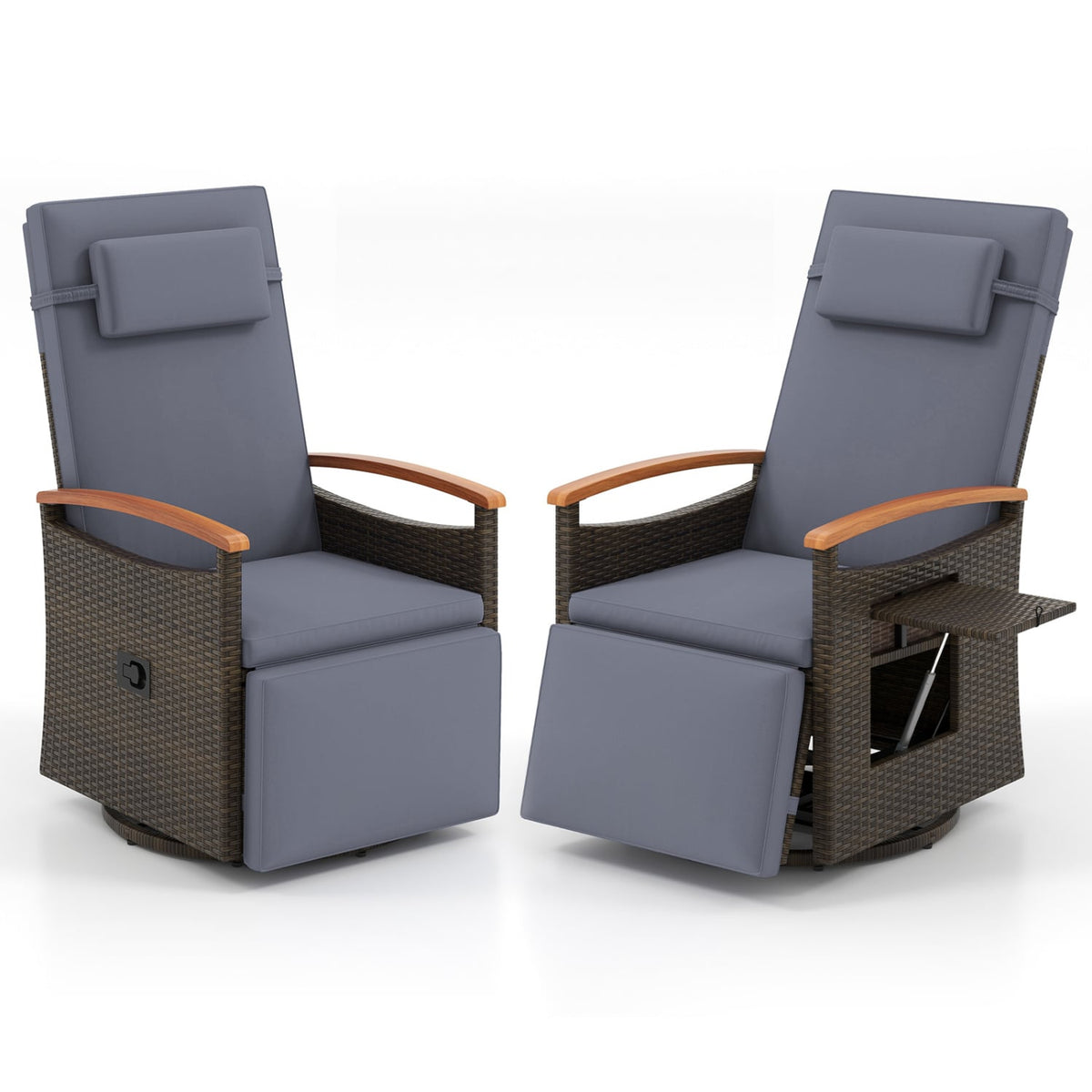 Set of 2 Wicker Swivel Recliners with Footrests and Headrests, Dark Gray