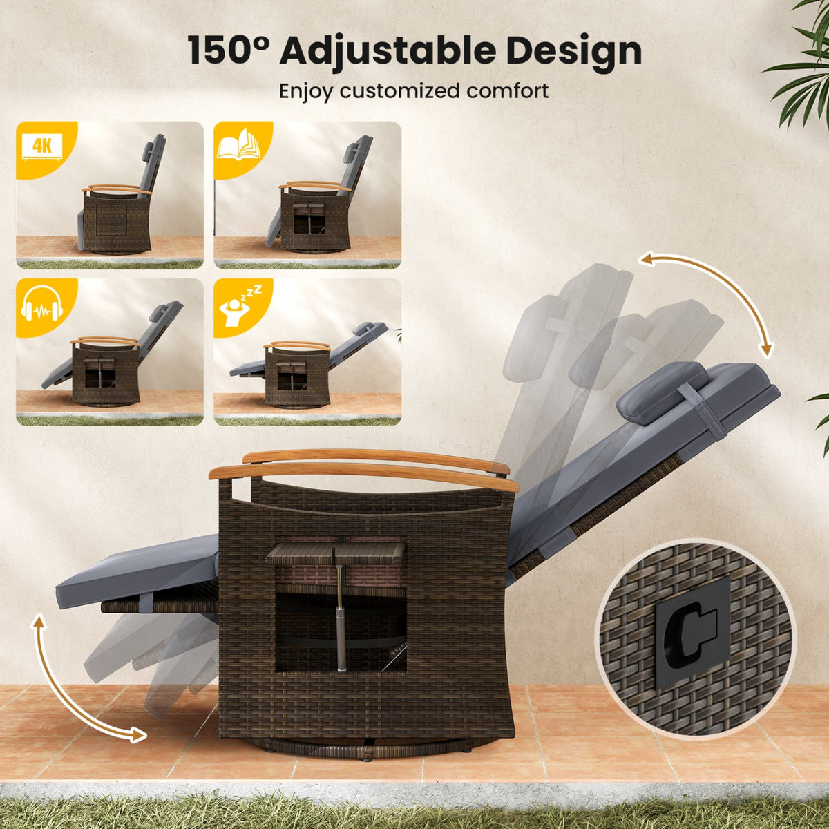 Set of 2 Wicker Swivel Recliners with Footrests and Headrests, Dark Gray