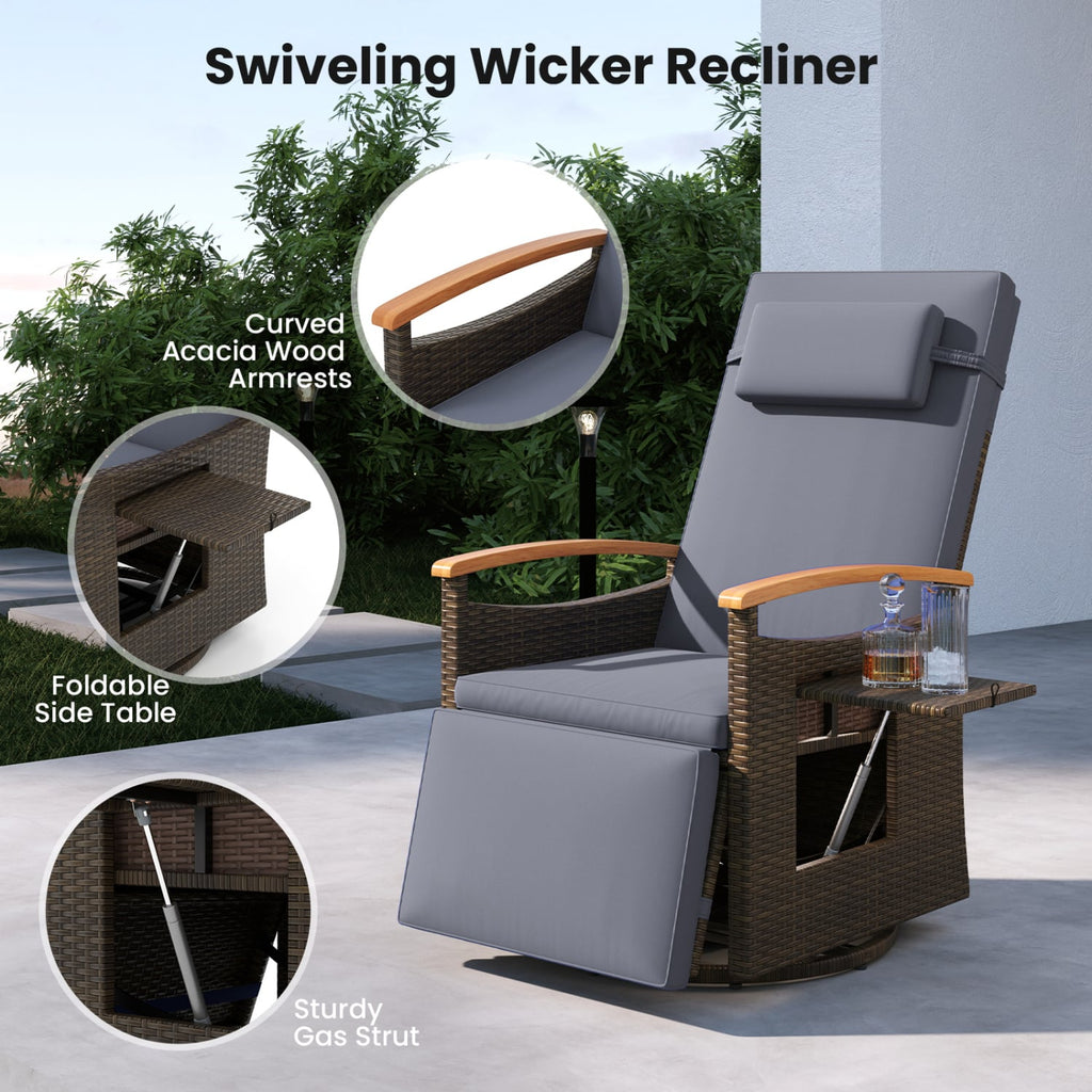 Set of 2 Wicker Swivel Recliners with Footrests and Headrests, Dark Gray