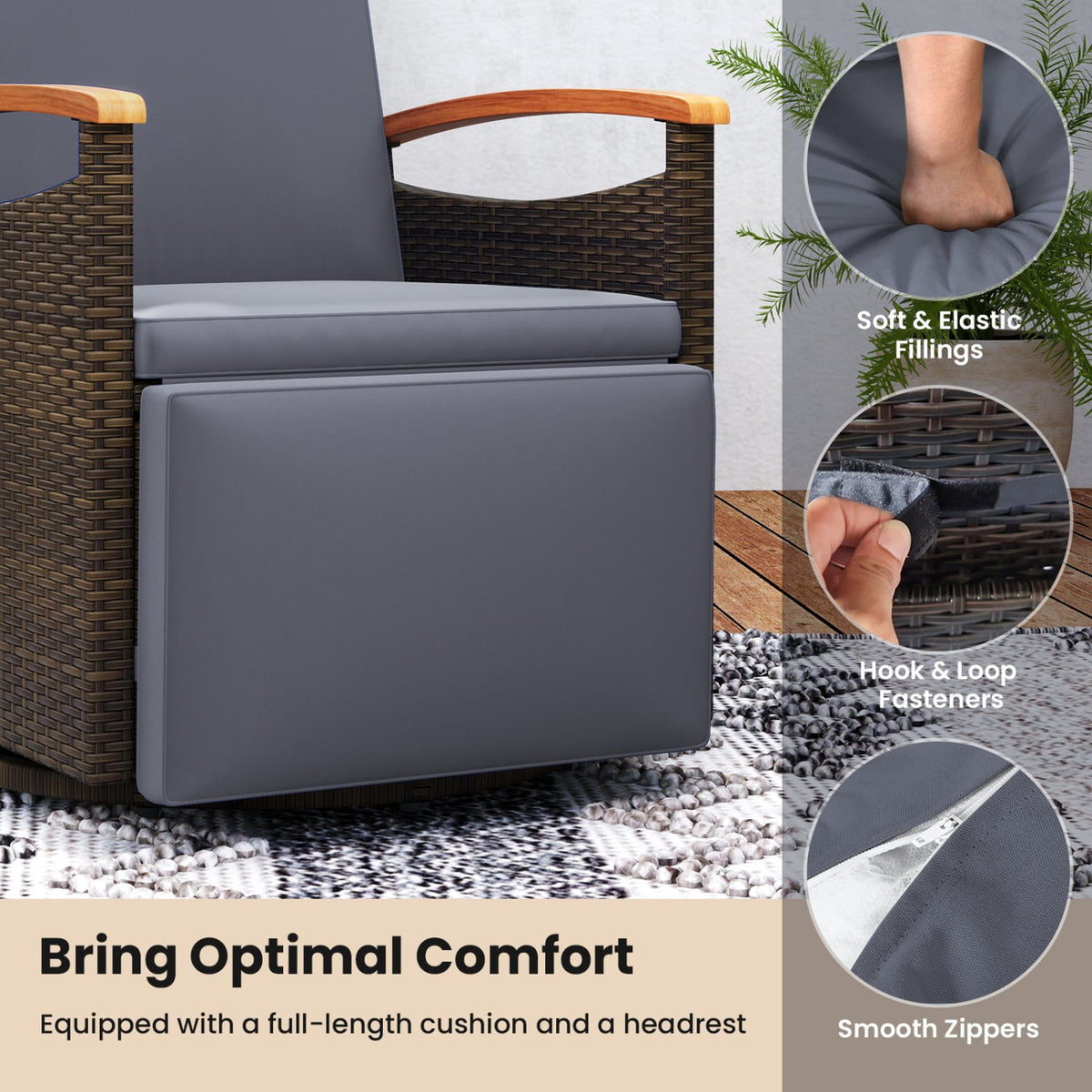 Set of 2 Wicker Swivel Recliners with Footrests and Headrests, Dark Gray