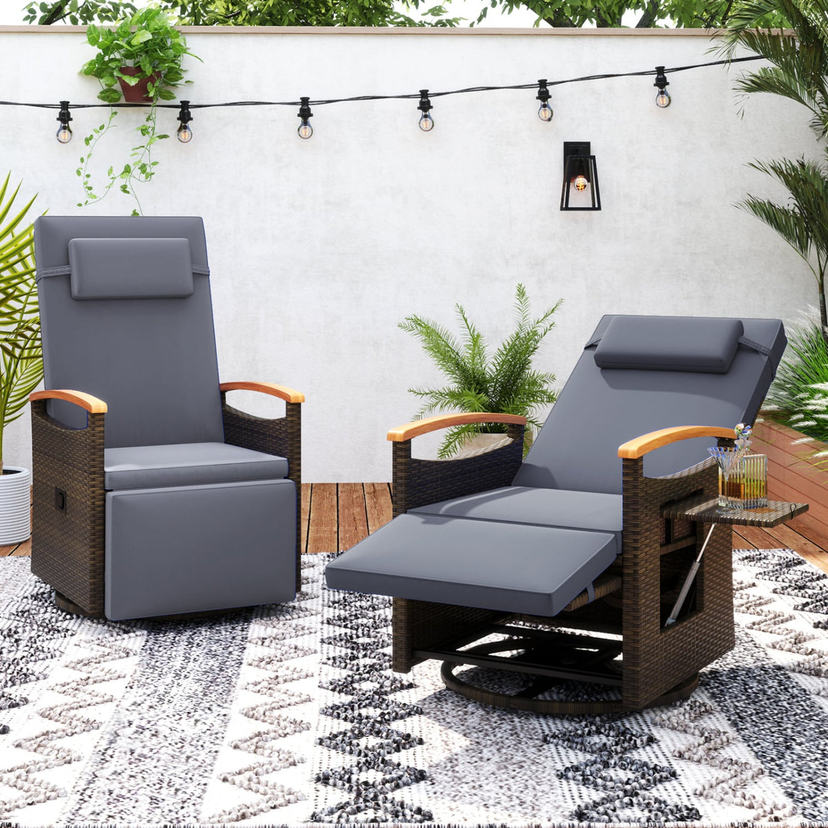 Set of 2 Wicker Swivel Recliners with Footrests and Headrests, Dark Gray