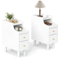 Set of 2 Solid Wood Night Side Table with Pull-out Tray and 2 Storage Drawers-White