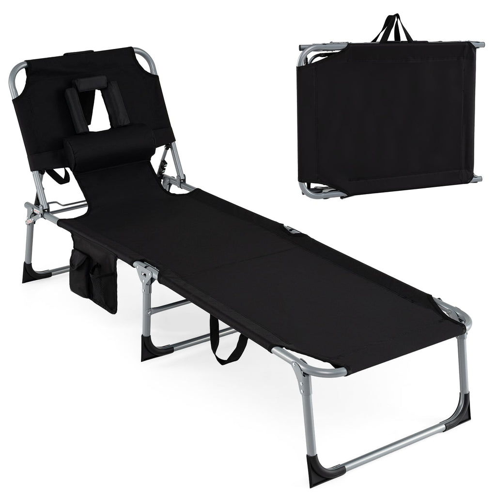 Set of 2 Folding Tanning Chairs with Face Holes and Side Pockets, Black