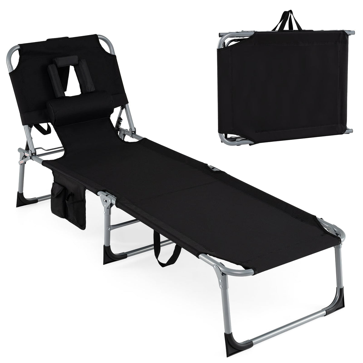Set of 2 Folding Tanning Chairs with Face Holes and Side Pockets, Black