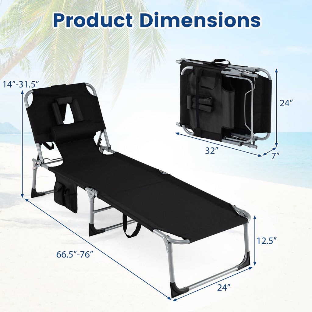 Set of 2 Folding Tanning Chairs with Face Holes and Side Pockets, Black