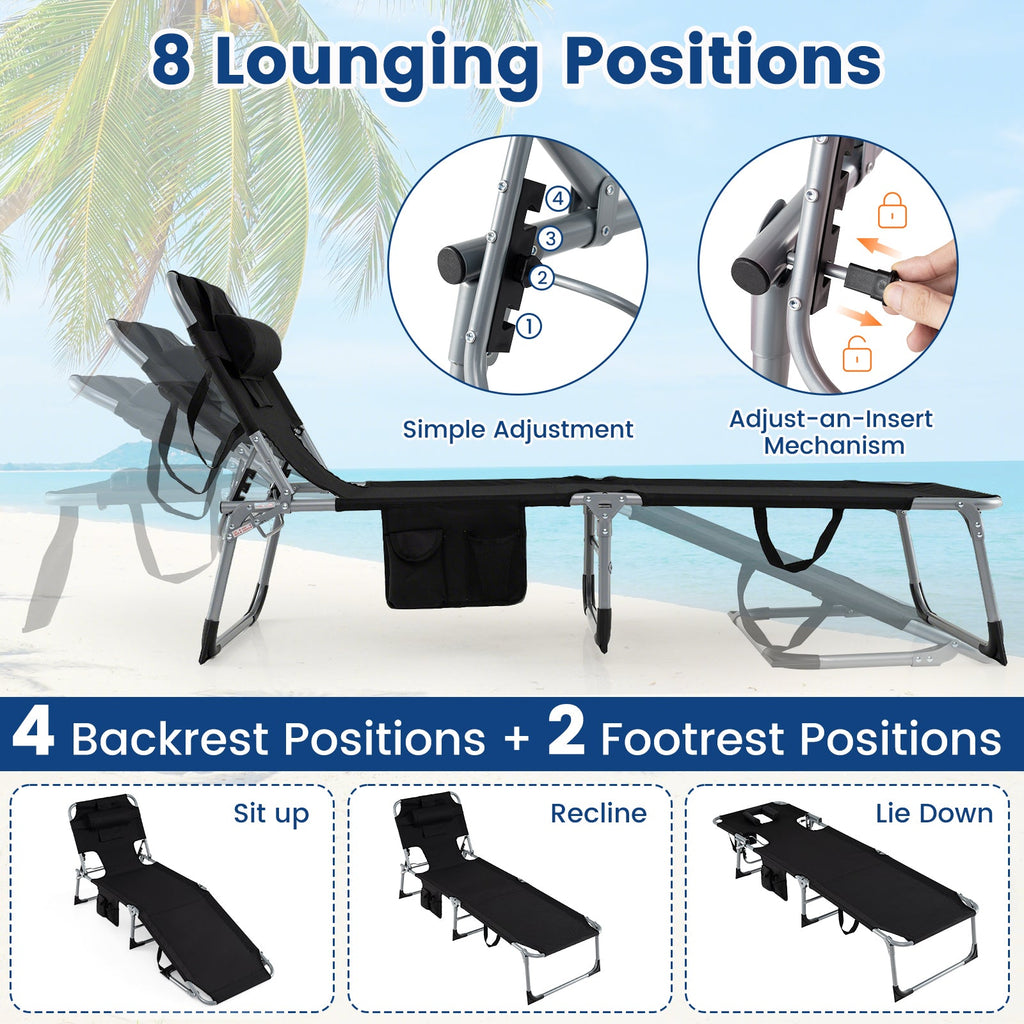 Set of 2 Folding Tanning Chairs with Face Holes and Side Pockets, Black