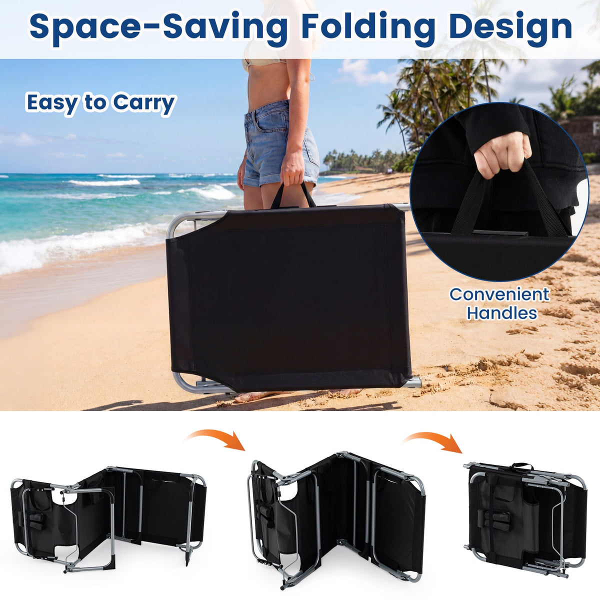 Set of 2 Folding Tanning Chairs with Face Holes and Side Pockets, Black